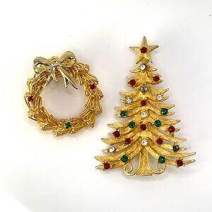 MYLU Signed Vintage Gold Tone Christmas Tree Pin Brooch & Wreath Brooch Lot